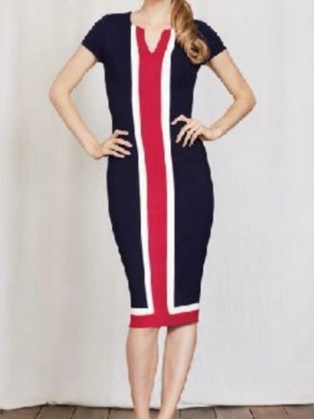 Boden Navy Pink White Flora Ponte Sheath Midi Dress